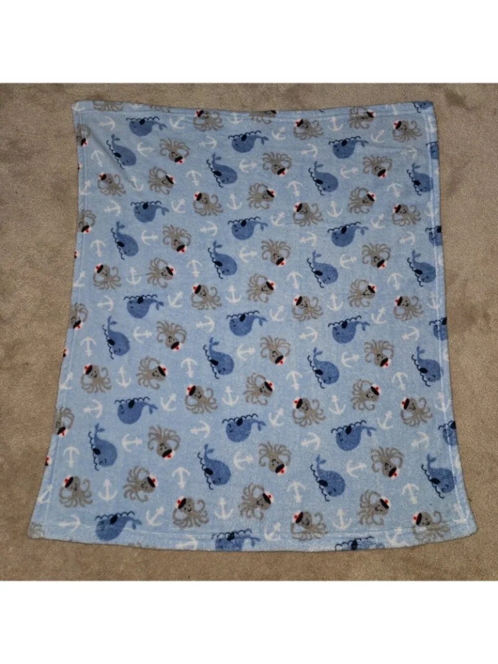 Parent's Choice Blue Fleece Baby Blanket Octopus Whale Anchor Ocean 30x36